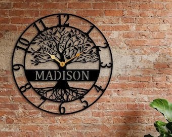Personalized Name Tree of life Silent Metal Large Wall Clock, Custom Family Last Name metal sign Metal Wall Art, Housewarming Wedding Gift