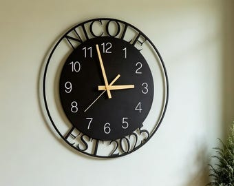 Custom Name and EST Large Metal Wall Clock, Silent Clock for Wall, Personalized Last Name Clock, New Home Gift, Oversize Clock, Family Gift