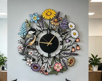 Personalized Chickadee Bird Metal Wall Clock, Colorful Wildflower Wall Art, Botanical Home Sign,Century Clock,Unique Clock,Wanduhr,Horloge