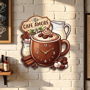 May include: A wall clock shaped like a brown coffee mug with a foam top, coffee beans, and cinnamon sticks. The clock face features gold hands and numbers 3, 6, 9, and 12. Above the mug is a sign reading CAFE AMORE with white flowers.