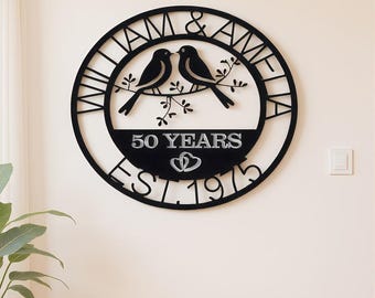 Personalized 50th Anniversary Metal Sign,Custom Anniversary Gift,50th Anniversary Gift,Love Birds Wall Art,Gift For Parent,Mothers Day Decor