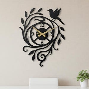 Bird Wall Clock Metal Wall Art Nature Home Decor Tree Branch Sign Mothers Day Gift for Mom Gardener Gift Kitchen Wall Decor Silent Mechanism