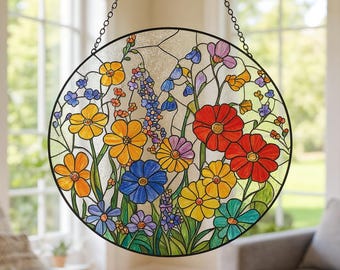 Wildflower Stained Glass Suncatcher, Flower Window Hanging, Colorful Floral Glass Art, Gift for Mom, Wildflower Glass Art Decor,Garden Decor