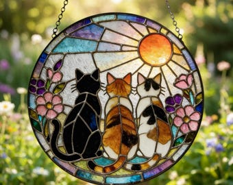 Charming Black Orange Cat Couple,Garden Suncatcher Stained Glass,Dog Pet Window Hanging Glass Ornament,Mom Gift,Festival Gift,Home Decor