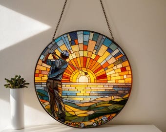 Stained Glass Golfing Suncatcher,Golf Course Windows Hanging Decor,Golfer Memorial Suncatcher, Golf Light Catcher Glass Art,Gift For Dad