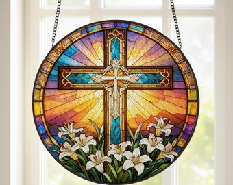 Personalized Stained Glass Cross Wildflowers Suncatcher, Christmas Trees Stained Glass, Christian Glass Window Hanging, Religious Faith Gift