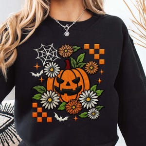 Embroidered Ghost Pumpkin Sweatshirt, Embroidered Pumpkin Fall Sweater, Halloween T-shirt, Pumpkin Flower Embroidery, Shirt For Women
