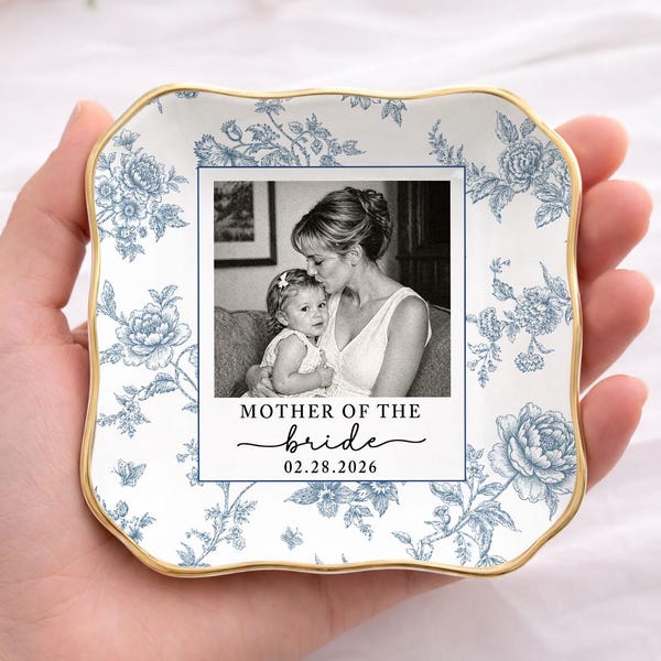 Personalized Mother Of The Bride Jewelry Dish, Custom Toile De Jouy Photo Jewelry Plate, Sentimental Wedding Gift For Mom, Mom Gift