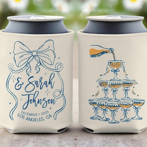 Personalized Wedding Decoration, Custom Wedding Can Cooler, Bow Champagne Drink Holder, Wedding Party Favors, Wedding Reception Gifts