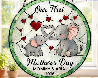 Personalized First Mother's Day Elephant Stained Glass Suncatcher, Custom Name Window Hanging, Gift from Grandkids