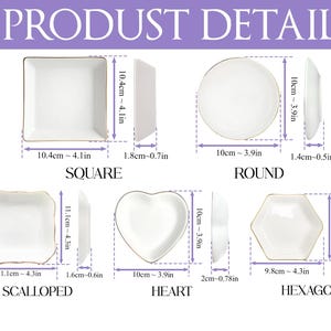 May include: White ceramic plates in square (4.1 in), round (3.9 in), scalloped (4.3 in), heart (3.9 in), and hexagon (4.3 in) shapes. Each plate has a gold rim. The image includes measurements in inches and centimeters, with the text "PRODUCT DETAIL".