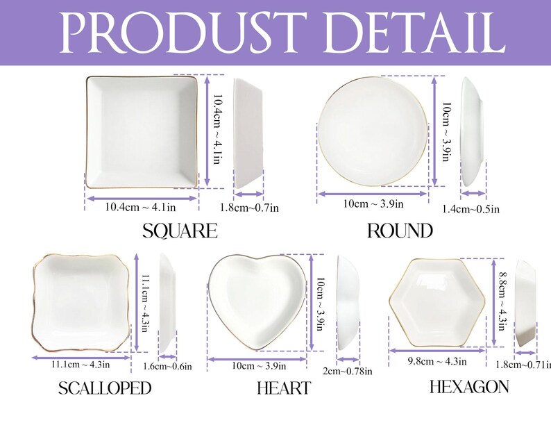 May include: White ceramic plates in square (4.1 in), round (3.9 in), scalloped (4.3 in), heart (3.9 in), and hexagon (4.3 in) shapes. Each plate has a gold rim. The image includes measurements in inches and centimeters, with the text "PRODUCT DETAIL".
