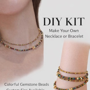 Puede incluir: Kit de bricolaje para hacer collares o pulseras. La imagen muestra cuentas de piedras preciosas de colores en varios colores, incluyendo rojo, verde y dorado. El texto dice "Make Your Own Necklace or Bracelet" y "Custom Size Available."