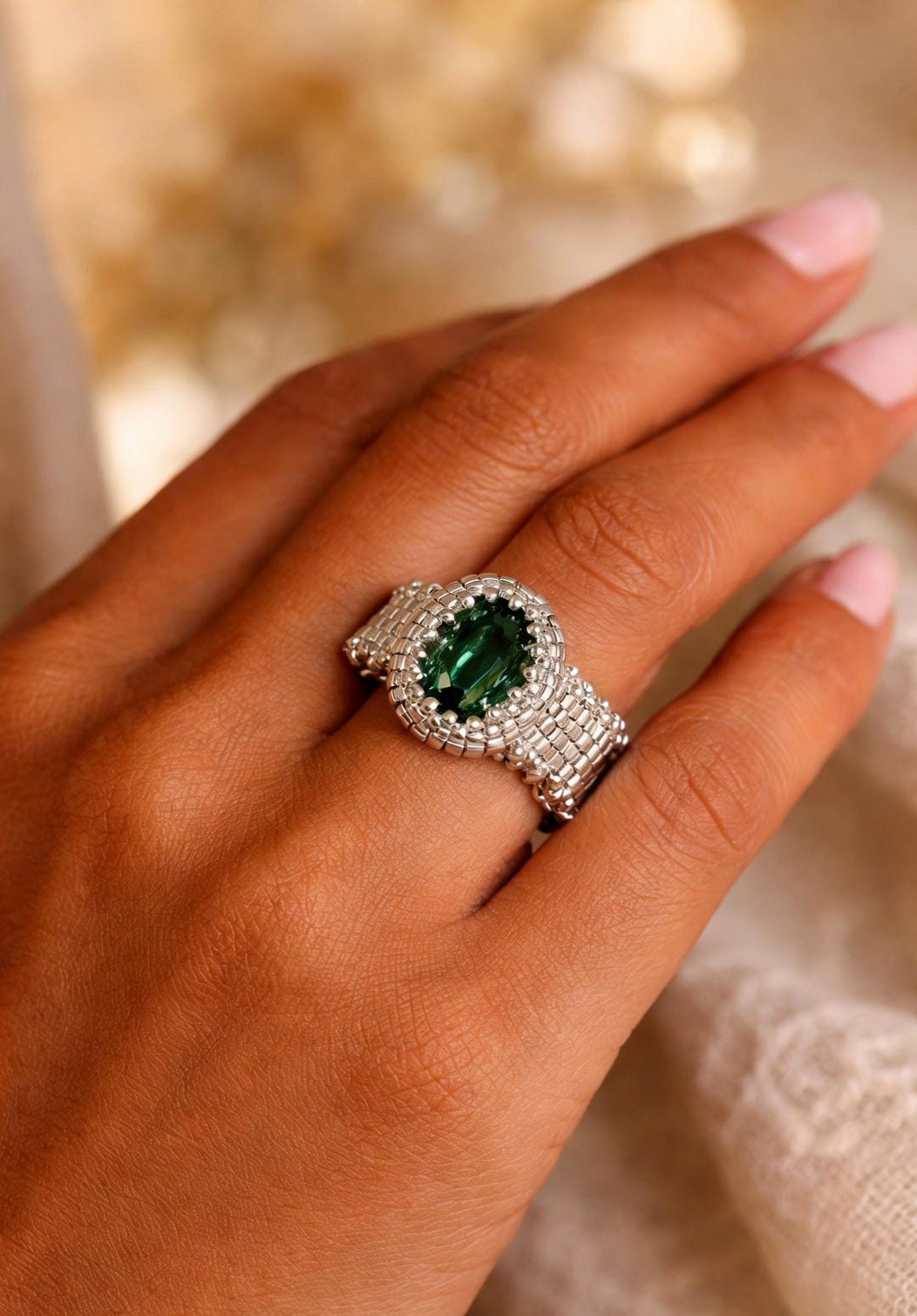 Vintage Green Crystal Beaded Ring, Handmade Statement Jewelry, Czech ...
