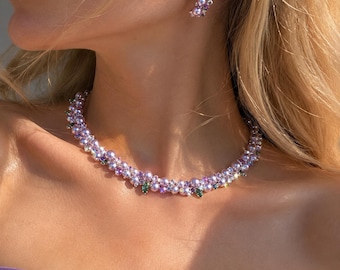 Sparkly Pearl Choker Necklace Set, Lavender Pearl Crystal Necklace, Handmade Bridal Jewelry, Fairycore Beaded Necklace