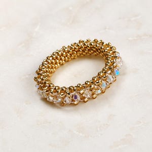 Crystal Beaded Ring, Handmade Beadwoven Ring, Custom Size Gold or Silver Ring, Sparkly Seed Bead Ring, Dainty Stacking Ring Gift
