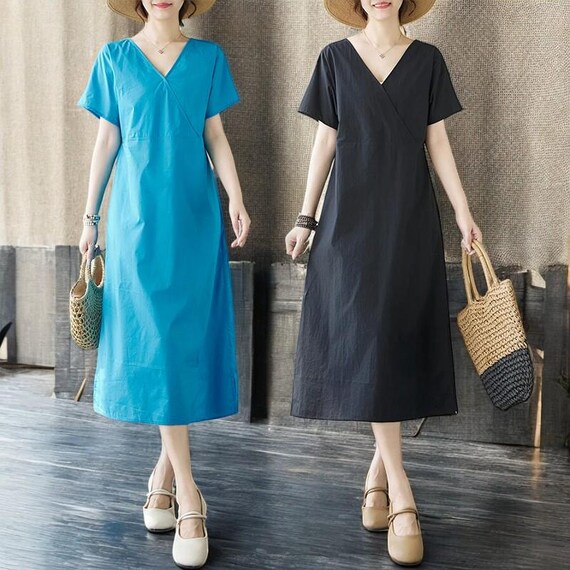 Robe d'été ample en coton à manches courtes et col en V élégante