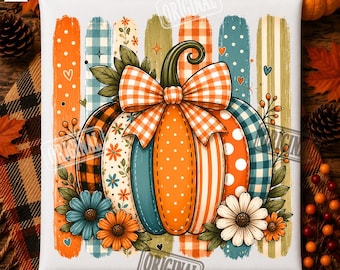 Citrouille florale PNG, citrouille rayée d'automne pour sublimation, style bohème automnal, t-shirt citrouille pour Thanksgiving, joli motif d'automne