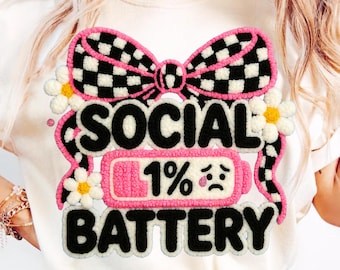 Social Battery 1% PNG | Mental Health Shirt Design | Introvert Burnout Quote | Faux Embroidery Sublimation PNG