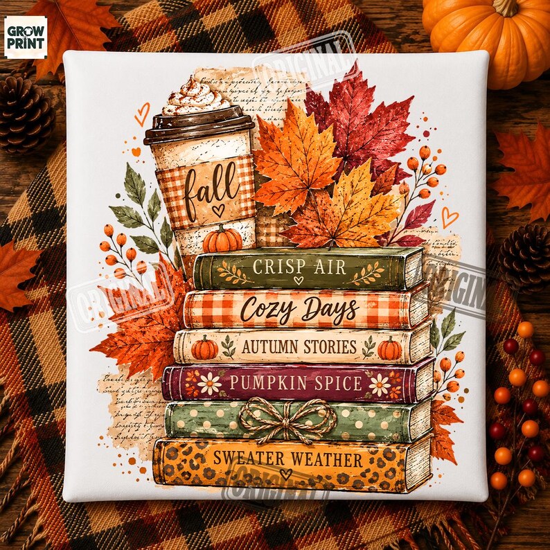 Puede incluir: Un lienzo cuadrado con una pila de seis libros con los t&iacute;tulos Crisp Air, Cozy Days, Autumn Stories, Pumpkin Spice y Sweater Weather, coronado con una taza de caf&eacute;, hojas de arce naranjas y bayas sobre un fondo blanco.