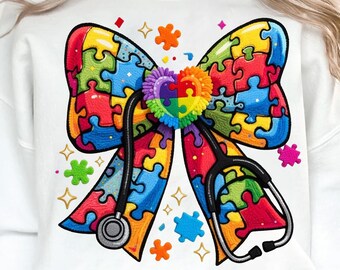 Coquette Autism Nurse PNG | Puzzle Bow Stethoscope | Faux Yarn Sublimation | Digital Download
