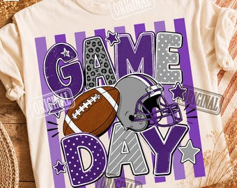 Game Day Football PNG, Striped Football Shirt Design, Purple Football Sublimation, Football Helmet PNG, Sports Mom Game Day PNG