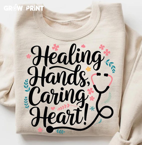 Nurse Shirt PNG: Healing Hands Caring Heart Design (Digital Download)