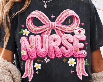 Faux Yarn Nurse Coquette PNG | Pink Floral Bow Shirt Design | Girly Nurse Sublimation (Digital Download)