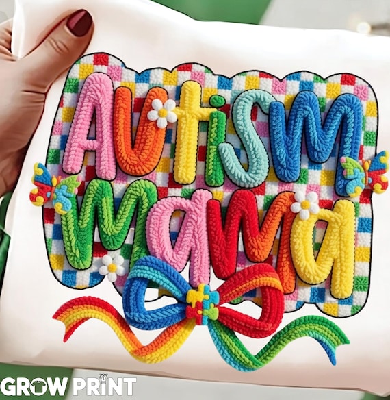 Faux Yarn Autism Mama PNG for Proud Moms | Coquette Bow PNG | Awareness T Shirt Sublimation Design
