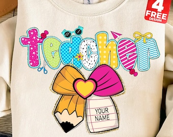 Preppy Teacher Coquette Pencil Bow Png, Custom Teacher Name Shirt, Teach Love Inspire, Personalized Teacher Sublimation Design