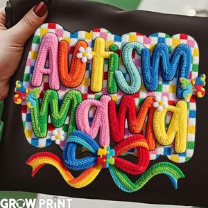 Faux Yarn Autism Mama PNG for Proud Moms | Coquette Bow PNG | Awareness T Shirt Sublimation Design image 3