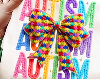 Faux Yarn Autism Awareness PNG for Supporters | Coquette Bow Puzzle PNG | T Shirt Sublimation Design