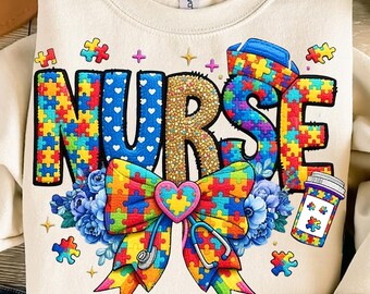 Enfermeira com Autismo em Fio Sintético PNG | Laço Puzzle Coquette | Design de Camiseta para Conscientização sobre a Vida de Enfermeira (Download Digital)
