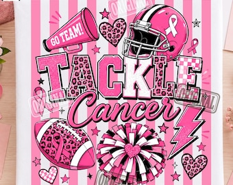 Tackle Cancer Football PNG, Pink Football Breast Cancer Ribbon, Go Team Pink Out, Football Mom Sublimation Design