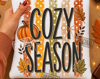 PNG de temporada acogedora, diseño de sublimación de calabaza a rayas para otoño, gráfico de camiseta coqueta con hojas de otoño, descarga digital PNG rústica de otoño