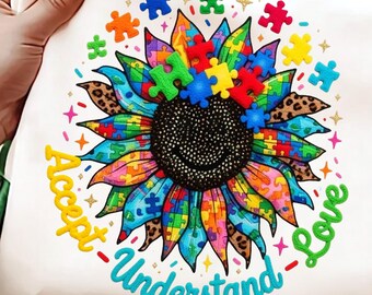 Autism Awareness PNG | Accept Understand Love Sunflower | Puzzle Faux Yarn Sublimation | Digital Download