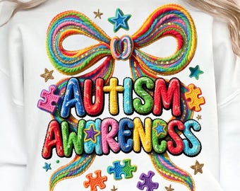 Autism Awareness Coquette PNG | Rainbow Bow Puzzle Design | Faux Yarn Embroidery Shirt | Sublimation PNG