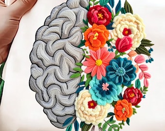 Mental Health Floral Brain PNG | Mental Wellness Awareness Design | Faux Yarn Embroidery Style | Sublimation PNG