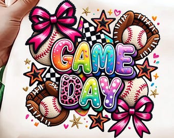 Game Day Baseball PNG | Faux Yarn Coquette Sports Shirt | Baseball Mom Design (Digital Download)