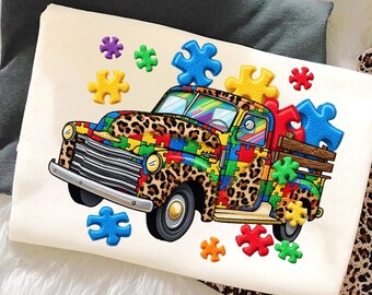 Autism Puzzle Truck PNG | Faux Yarn Leopard Awareness Shirt Design (Digital Download)