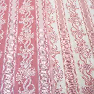 Vintage Shabby Chic Pink & Cream Striped Cotton Fabric with Ornate Flowers for Quilting, Sewing, and Decor