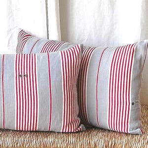 French Pillow Covers Upcycled Ticking Stripe Lumbar Cushion Case Rustic Farmhouse Cozy Red Accent Pillow