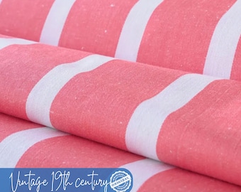 Pink Ticking Stripe Cotton Fabric by the Yard | Farmhouse Striped Material Vintage 19th Century Perfect for DIY Home Decor