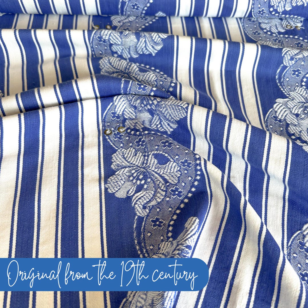 Blue Striped Ticking Fabric Vintage French Floral Upholstery Textile ...