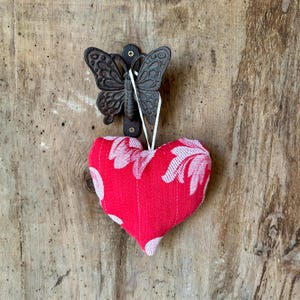 Rustic Hanging Fabric Hearts Decoration  Handmade Shabby Chic Door or Wall Decor, Vintage Romantic Gift, Cozy Home Accent Medium red heart