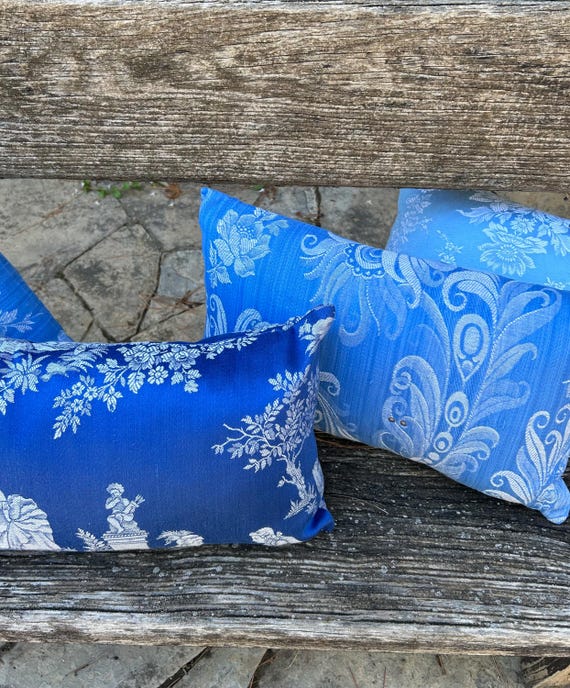 Floral Jacquard Dekokissen Blau Hamptons Style Luxus Baumwolle Lendenkissen Dekorative Akzent Kokette