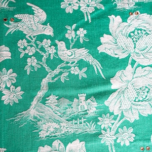 Green Toile de Jouy Fabric, Chinoiserie Floral and Bird Pattern, Vintage French Style Cotton for Upholstery, Curtains or Decor