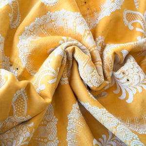 Sample antique embroidered Floral Cotton Fabric in Golden Yellow French Ticking 19th Century Cotton Textile Vintage Upholstery Swatch