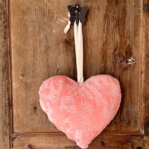 Rustic Hanging Fabric Hearts Decoration  Handmade Shabby Chic Door or Wall Decor, Vintage Romantic Gift, Cozy Home Accent XXL pink heart
