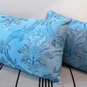 Può includere: Due cuscini rettangolari con sfondo azzurro chiaro e un motivo floreale dettagliato in tonalità blu e argento. I cuscini sono posizionati su una superficie a righe, adatti per l'arredamento.
